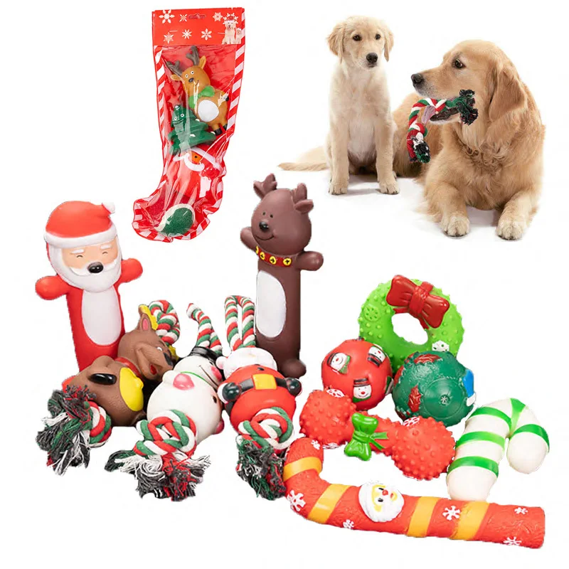 

Christmas Dog Toys Kit Doggy Chew Toys with Stocking for Teething Cleaning Squeaky Plush Puppy Toy Interactive Dog Stuffers Gift