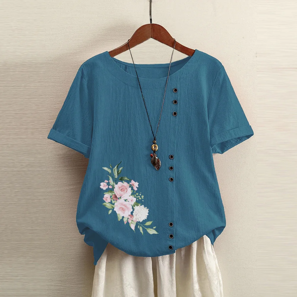 Cotton Linen Floral Print Women Blouse