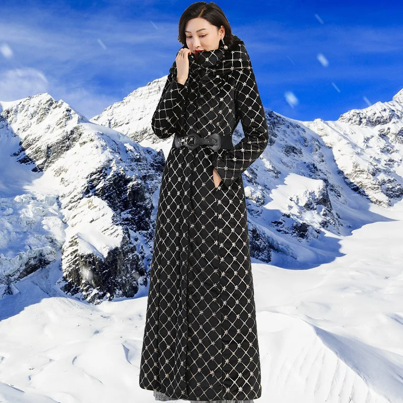 

Sustans Winter Women Parkas Space Cotton Jacquard Long Coat Black Embroidery Thick Jacket Long Overcoat Pockets with Hooded