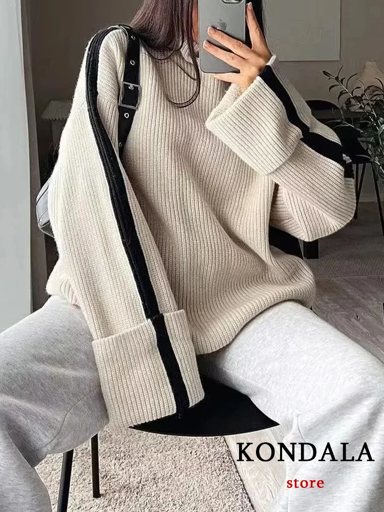 

KONDALA Vintage Casual Chic Women Turtleneck Sweater Long Sleeve Loose Knitted Pullovers Sweater Fashion 2023 Autumn Winter Tops