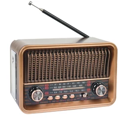 Vintage Wooden Desktop Radio with AM/FM, USB, Rechargeable Battery, and TF Support (Golden)