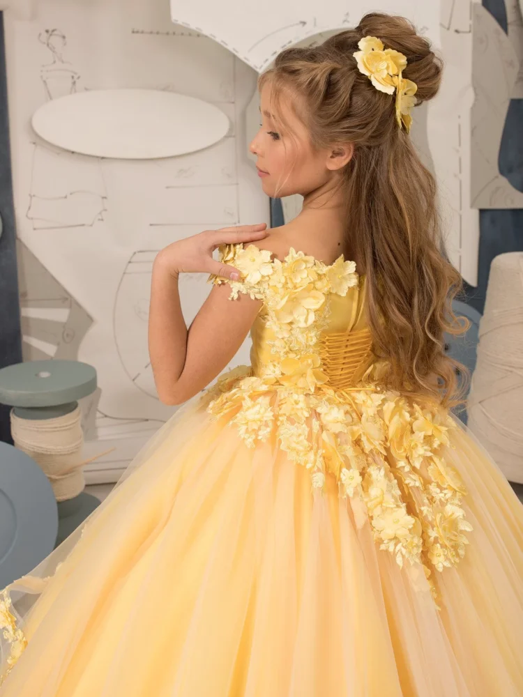 Yellow Flower Girl Dresses Tulle Tiered Appliques With Tailing Sleeveless For Wedding Birthday Party Banquet Gown flower girl dresses floral appliqu&eacute; dress
