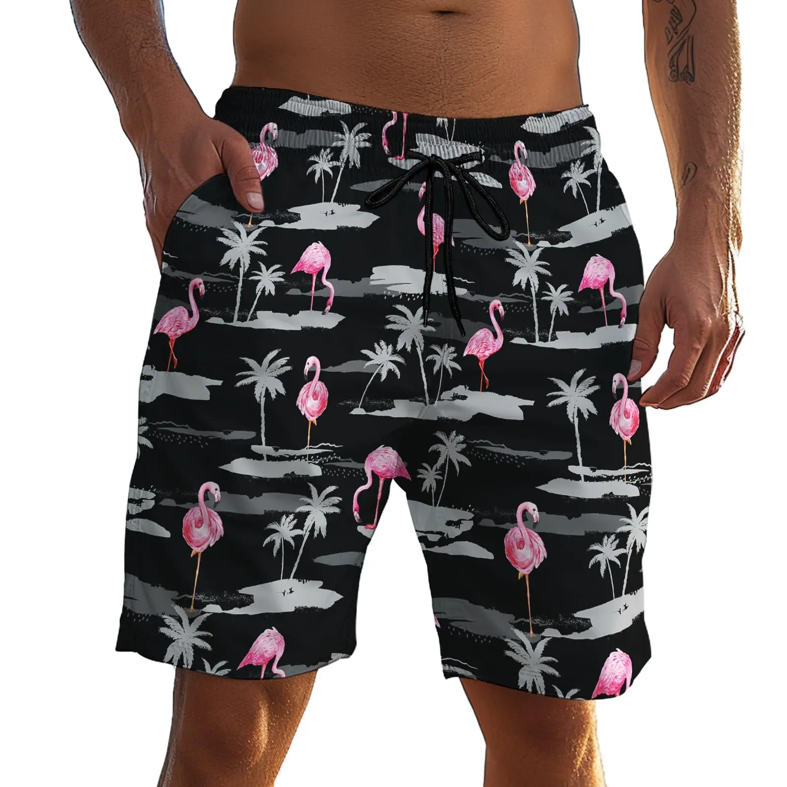 Mens Casual Beach Shorts Flamingo Print Surfing Trunks