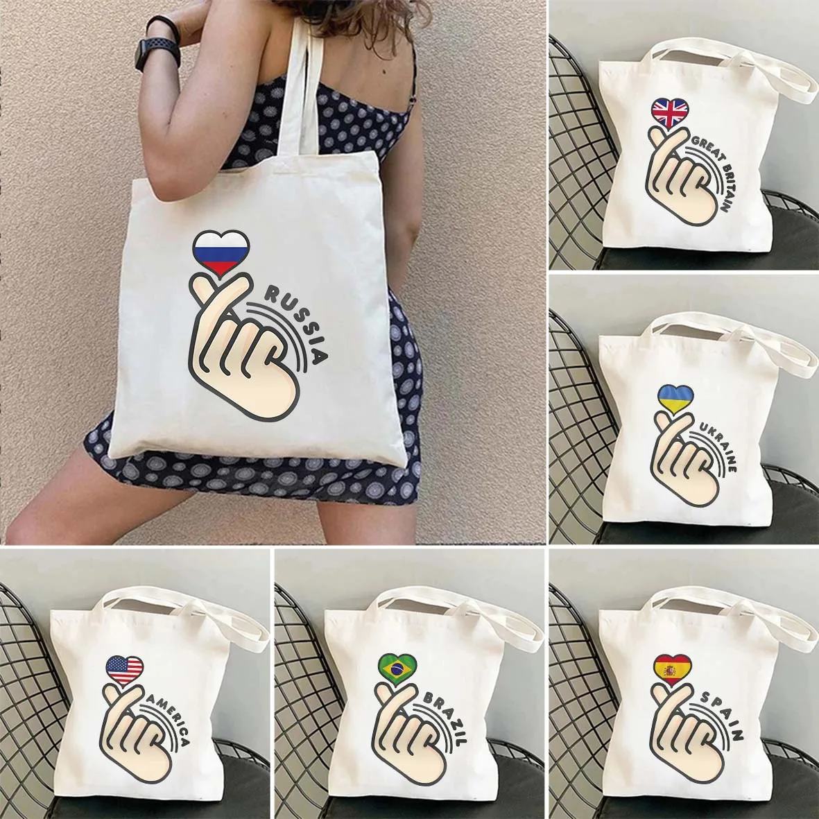 

World Countries America Brazil Russia Belgium Spain Hand Love Heart Flag Women Cotton Shopper Canvas Tote Bags Shoulder Handbag