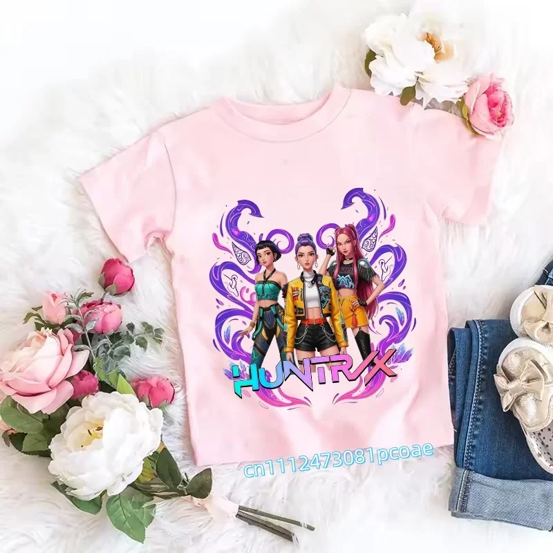 Children's Anime-Inspired Demon Hunters T-Shirt - K-pop Cartoon Pattern, Casual Girls' Top, Gift Option