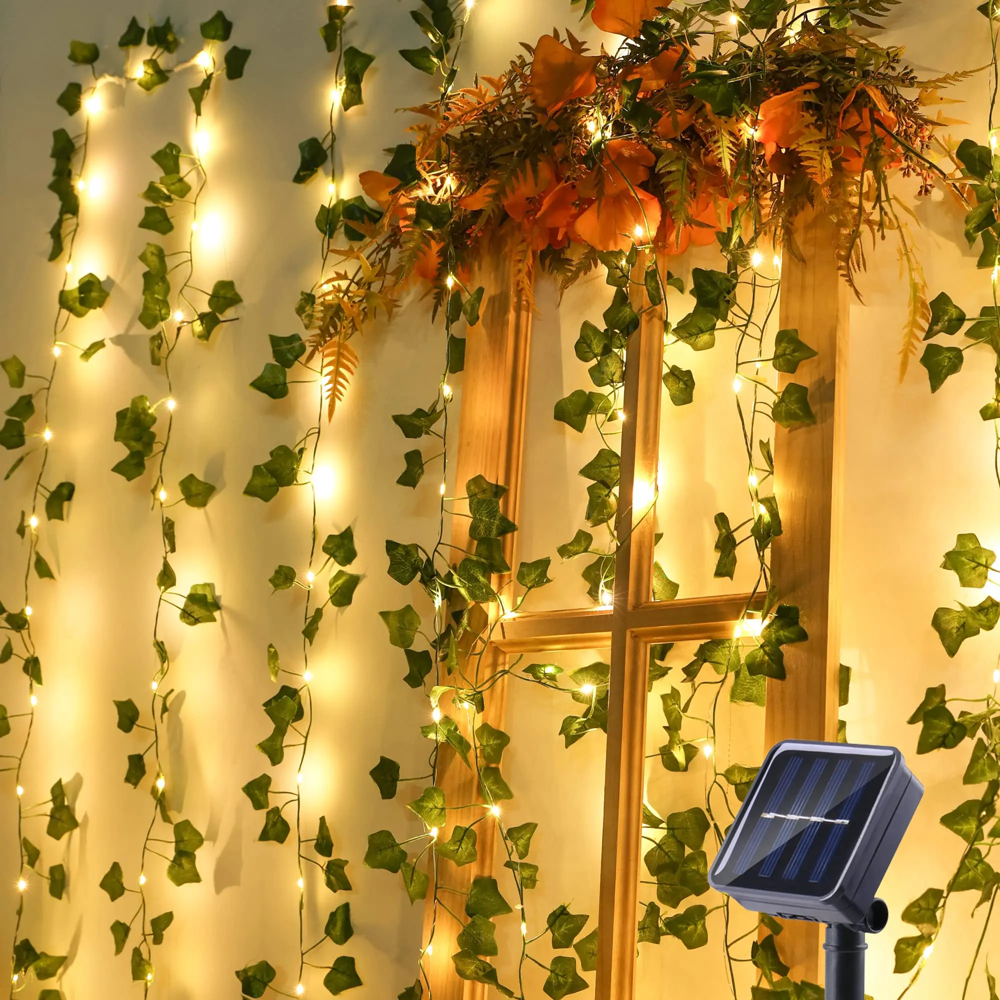 Solar Vine String Light 33ft 100 LED 8 Mode Artificial Ivy Leaf Solar Plant Vine Light Outdoor Wedding Garden Wall Hanging Decor janevini outdoor garden white rose flower wedding bouquet artificial flowers green eucalyptus bride brooch bridal accessories