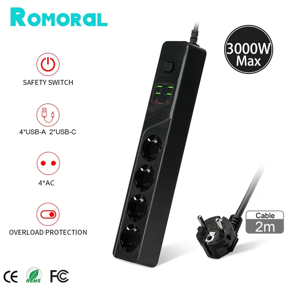 Standard Grounded Power Strip 4 EU Plugs Sockets 4 USB 2 Type C Ports