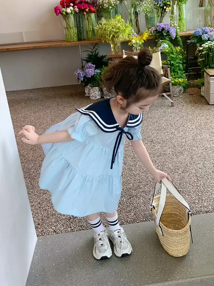 

K42802, 2024, голубое летнее платье, Детская сетчатая юбка, платье принцессы с коротким рукавом