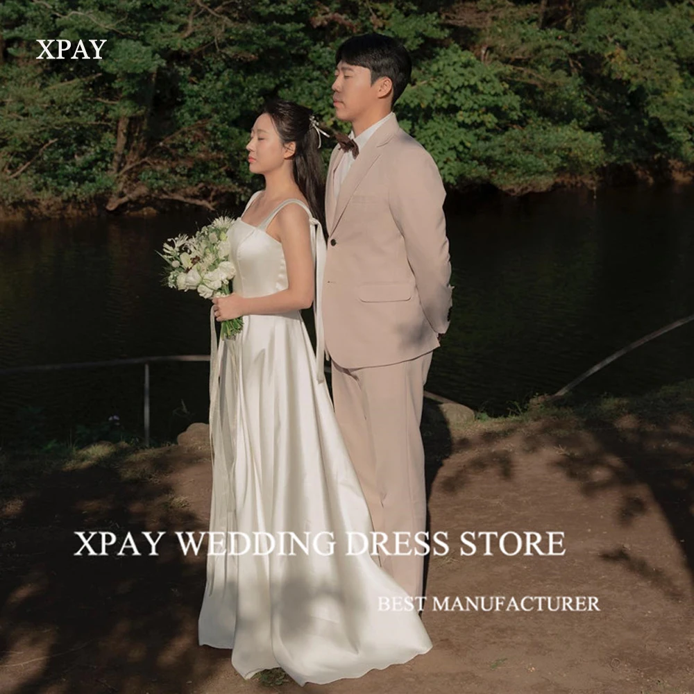 

Простые корейские мягкие атласные свадебные платья XPAY трапециевидной формы для фотосъемки Свадебные платья до пола корсет на спине платье невесты
