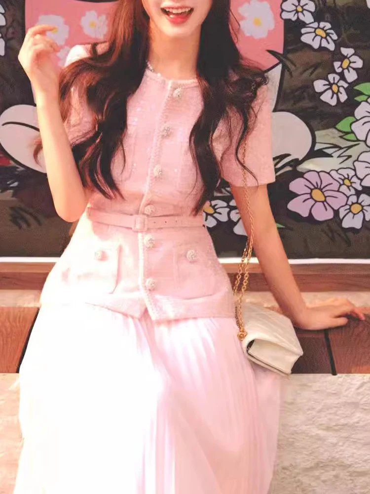 QMQA Fashion Women's Elegant 2 Pcs Set O Neck Short Sleeve Sequins Tweed Belt Coat High Waist Pleated Skirts Sets 2024 New 1A115 4