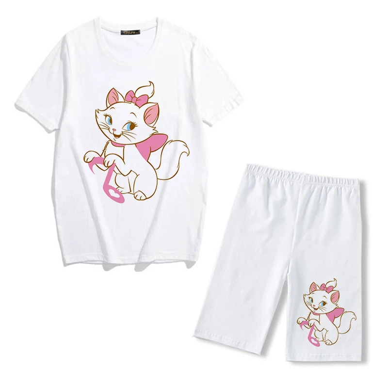 two piece sets Summer Fashion Disney Marie Cat Print Two Piece Set Women Tracksuit Casual Short Sleeve T Shirts And Biker Sports Shorts Outfits sweatpants set