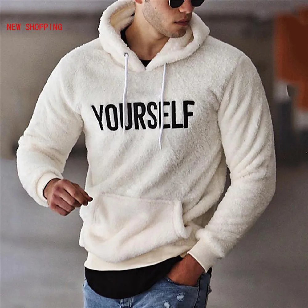 Autumn Winter Men Fashion Hooded Warm Plush Fleece Hoodie Sweatshirts Casual Long Sleeve Letter Print Pullover Teddy Tops Street