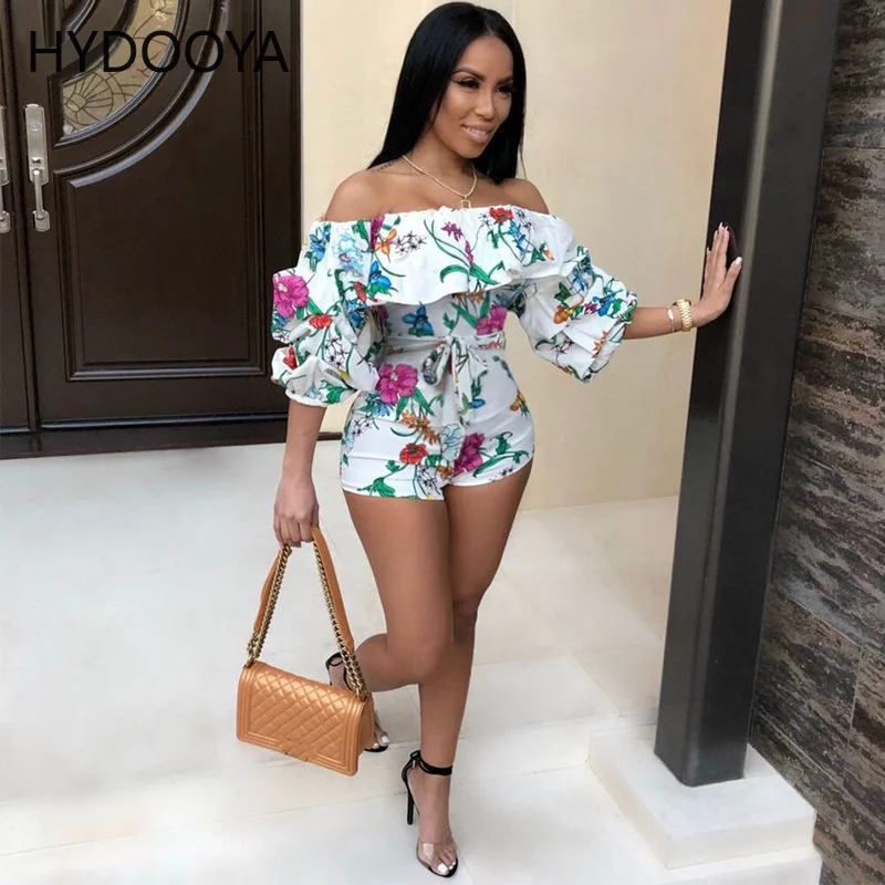 Women Summer Off The Shoulder Holiday Floral Print Ruffles Rompers Knotted Puff Sleeve Skinny Playsuit Casual One Piece Jumpsuit