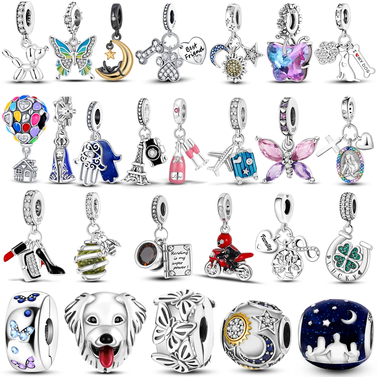 Bangle Jewelry Fit Original Inlaid Zircon Beads Charms 925 Sterling Silver Pendants