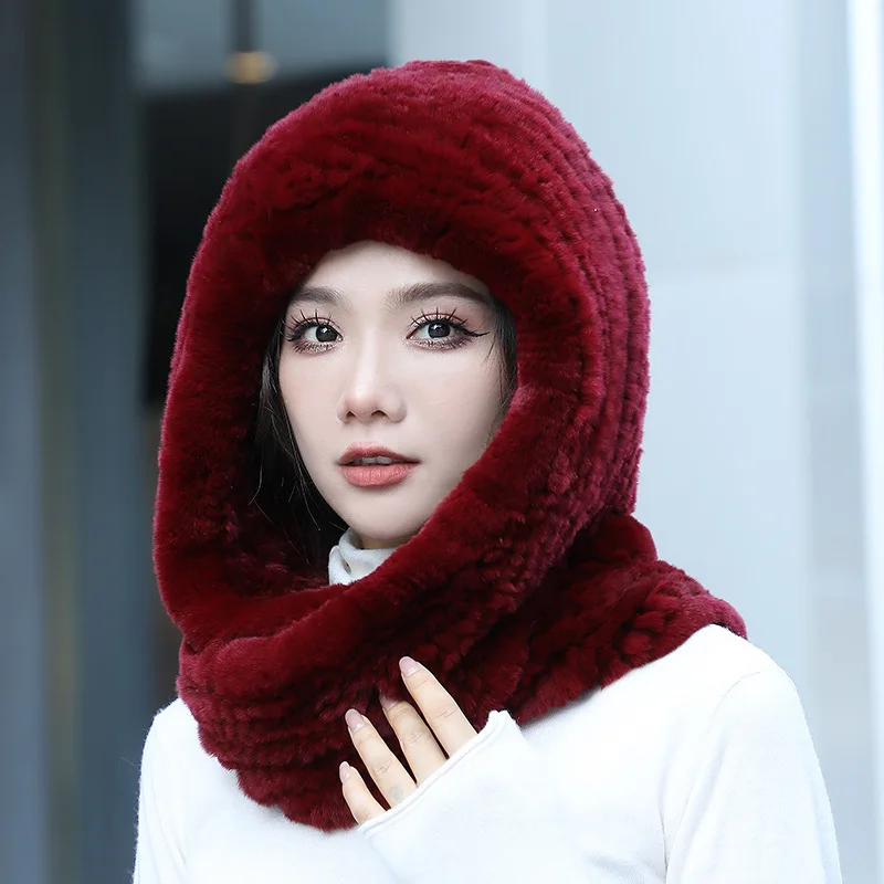 URSFUR Women's Real Rex Rabbit Fur Peaked Cap - Spiral Design Coffee & Red, Windproof Winter Hat - View #8