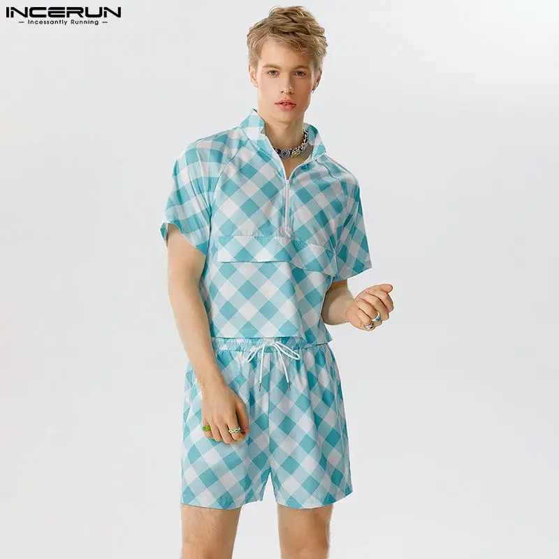 

INCERUN 2023 Handsome New Men's Sets Hot Selling Plaid Short Sleeved Shirts Shorts Casual Fashionable Male Two-piece Sets S-5XL