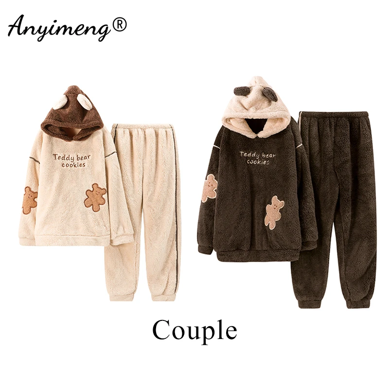 cotton pyjamas Winter Thick Loungewear for Couple Cute Bear Embroidary Warm Pajamas Set for Men Korean Kawaii Style Hoodies Pijamas for Women mens sleepwear set