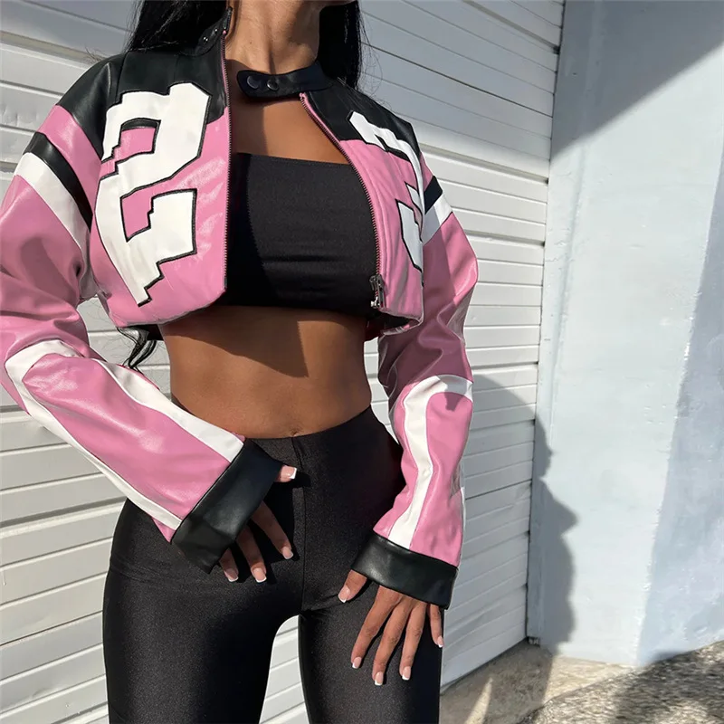 2024 Fashion Faux Leather Varsity Jacket Women Hipster Letter Print Autumn Casual Sporty Wild Streetwear Uniform Trend Crop Coat