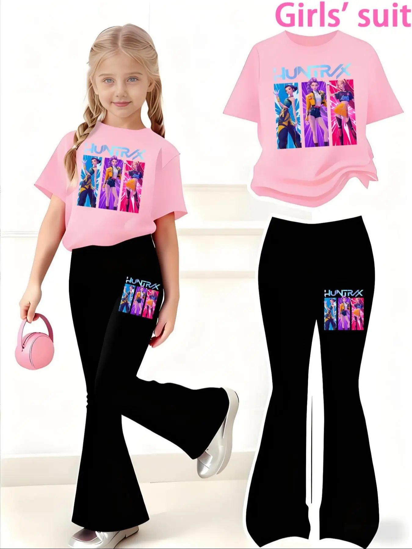 Girls Casual Sports Short-Sleeve and Bell-Bottom Pants Set Three-Girl Group Pattern Print Trendy Brand Sportswear Comfortable Elastic Waist Pants Comfortable Going Out Versatile