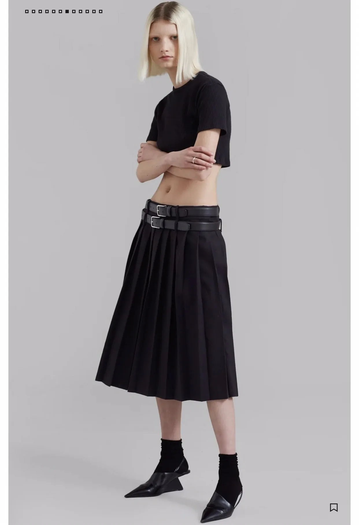 Retro Pleated Skirt   Women’s Punkrock indie gothic FrankieShop niche pleated double waistband womens European and American style A line mid-calf petite size skirts (excluding belt) for woman in black