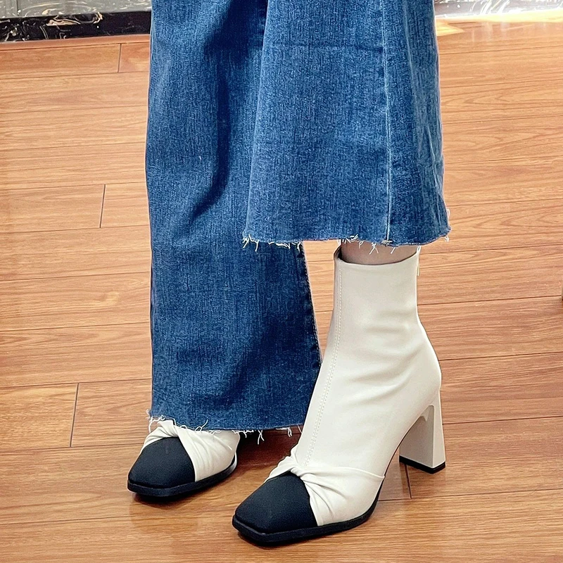 

Color Block Square Toe Chunky Heel Booties White Crinkled Stretch Boots Back Zip Ankle Botines Femininas Women High Heels