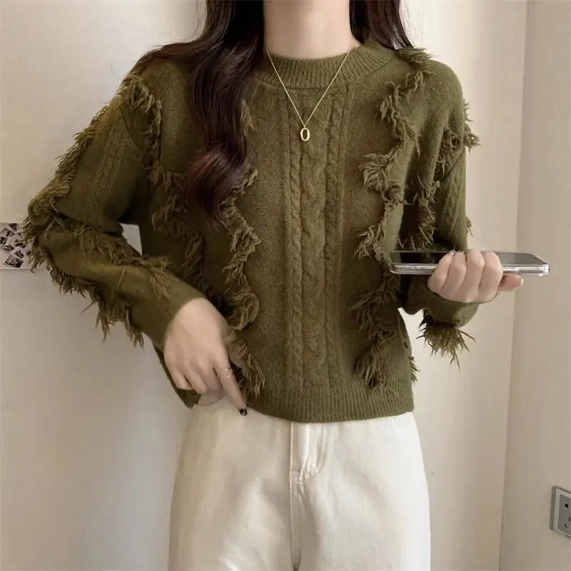 

Fashion O-Neck Solid Color Spliced Tassel Sweaters Women's Clothing 2023 Winter Loose Knitted Commuter Pullovers Casual Tops