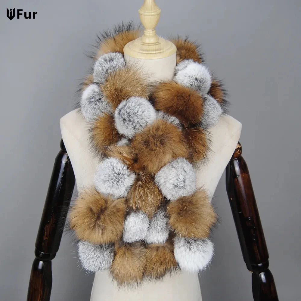 

Brand Women Knitted Rex Rabbit Fur Scarves With Raccoon Fur Strips Real Raccoon Fur Mufflers Winter Warm Fur Wraps Elastic Rings