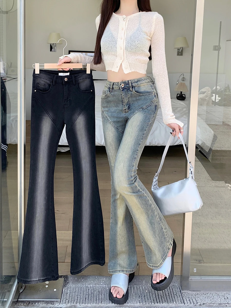 Real time photo of retro high waisted micro flared jeans for women in autumn Spicy Girls with high waisted slim fitting stretch real time 2023 autumn winter jeans women s retro blue pants casual new straight tube washed old drawstring loose wide legs