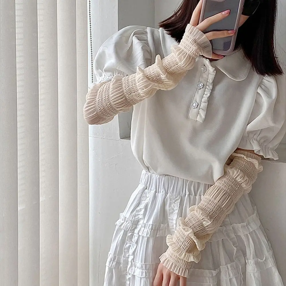 Ice Silk Cooling Arm Sleeves Elegant Lace Ruffle Sun Sleeves Transparent Thin UV Arm Sleeves Driving