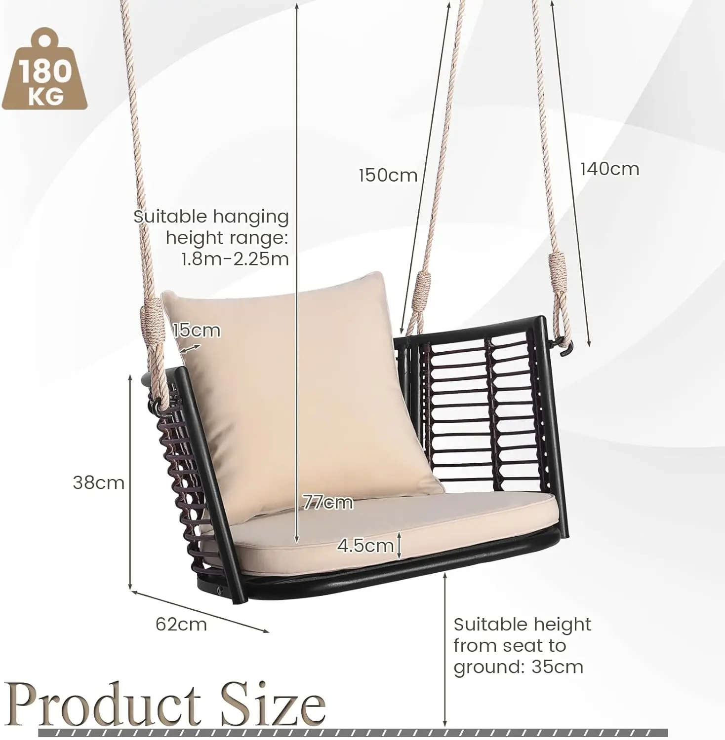 Poltrona Sospesa Da Giardino Con 2 Cuscini E Borsa - Altalena Per Esterno E Interno, Portata 150 Kg - Foto 5