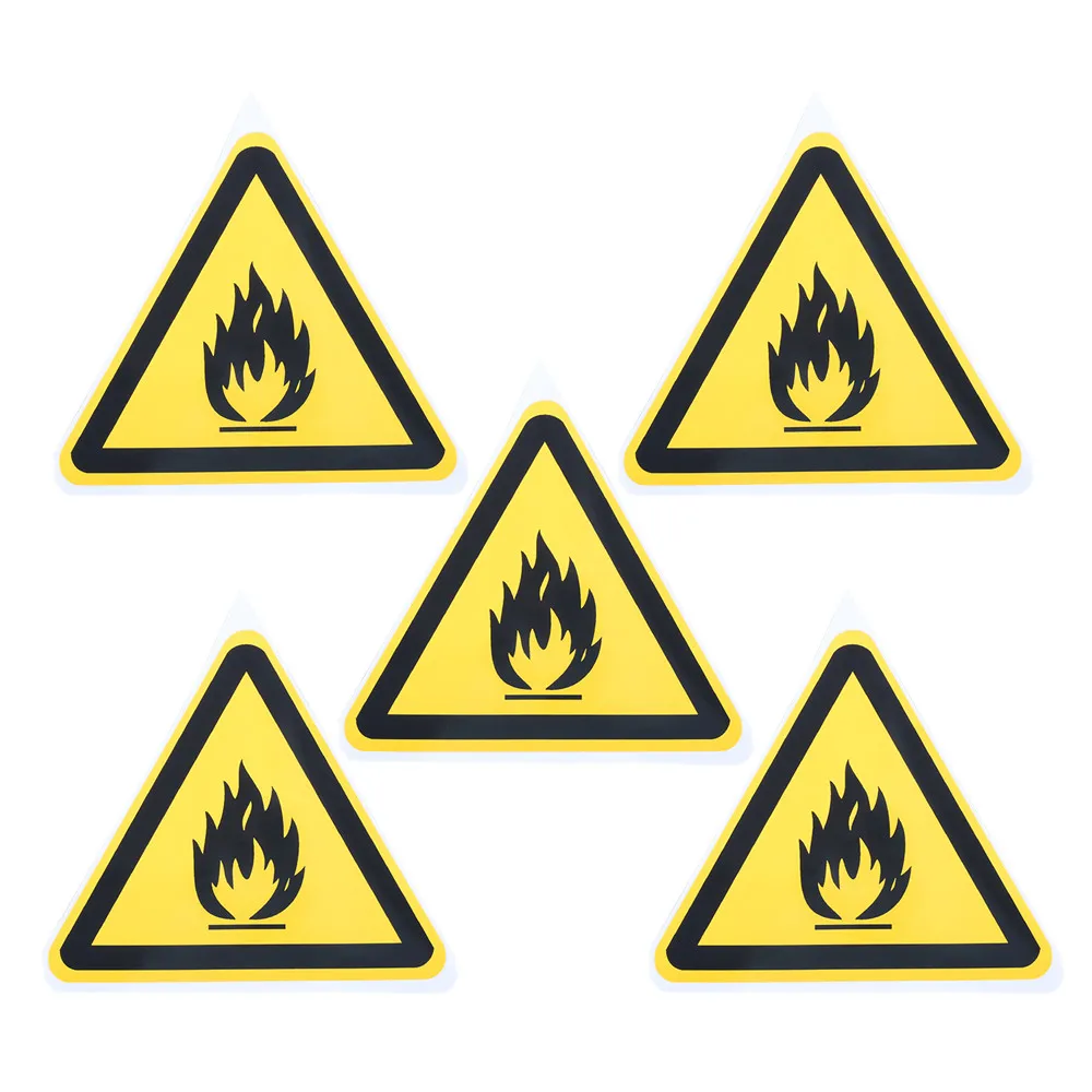 5pcs Safety Sign Sticker Flammable Pattern Dangerous Tag Oil-Proof Water-Resistant PVC Triangle Warning Label 25mm 50mm 100mm