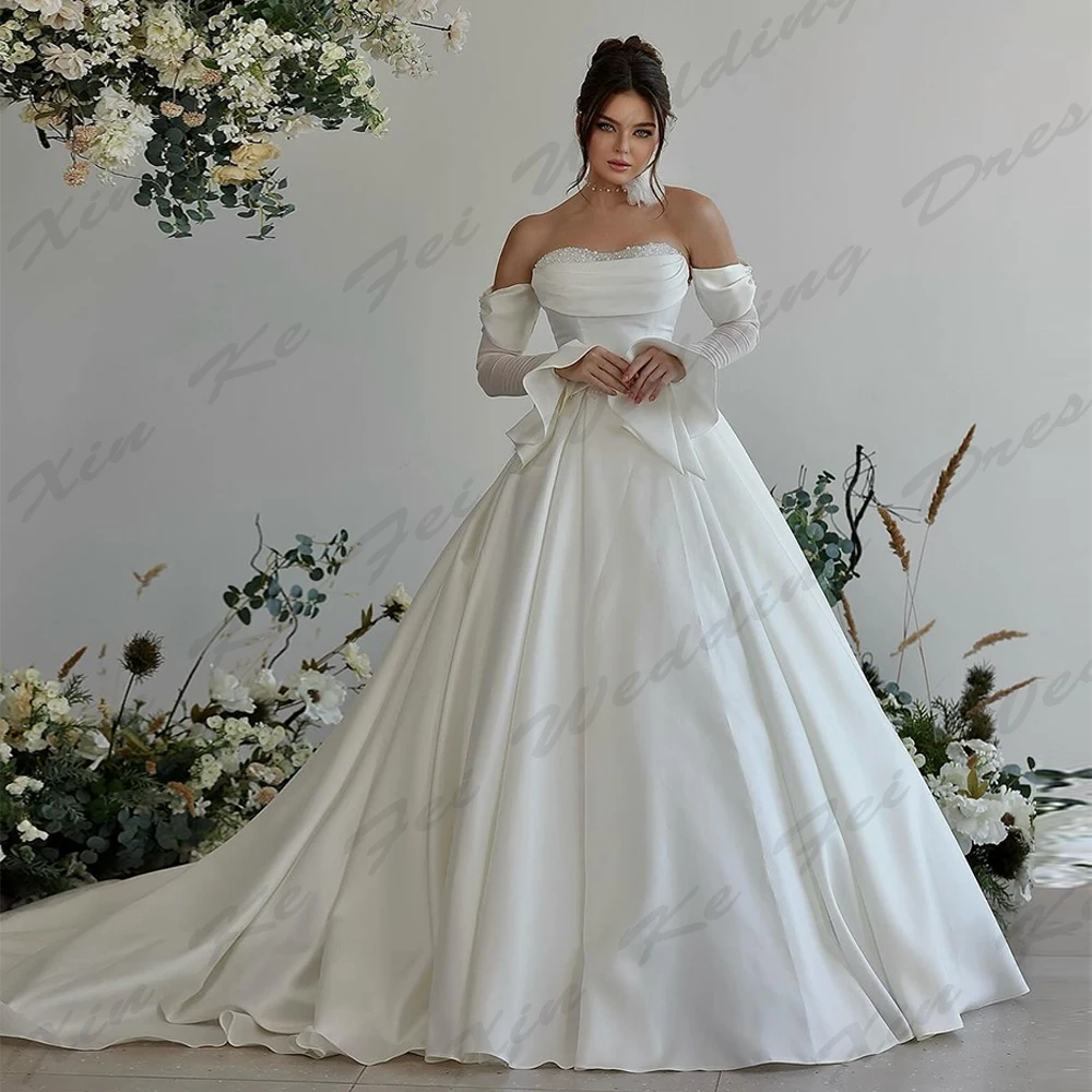 Elegant A-Line Pretty Wedding Dresses For Woman Sexy Mermaid Off Shoulder Long Sleeves Fluffy Princess Style Mopping Bride Gowns