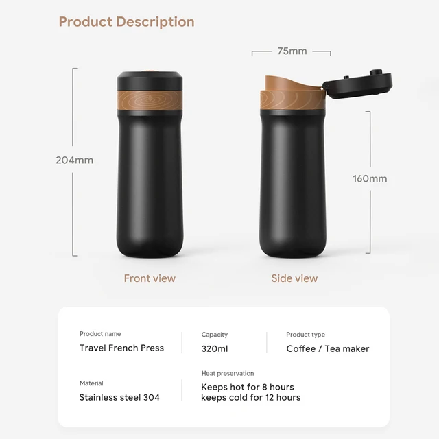 350ML French Press Portable Press Coffee Maker with Coffee Plunger Filter Tarvel Mug Pot Stainless Steel Manual Coffee Grinder 2