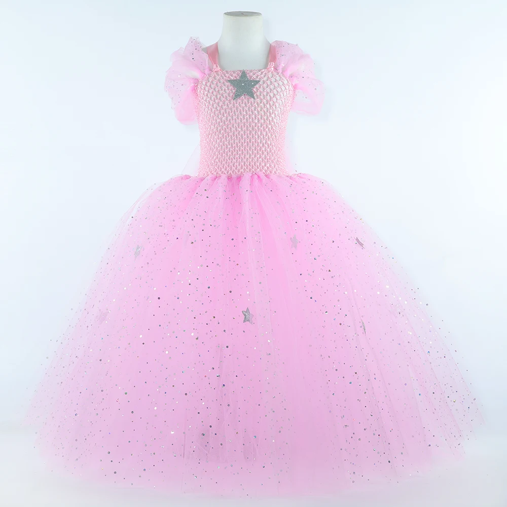 Wicked Glinda The Good Witch Costume Kids Glitter Pink Glenda Tutu Dress for Girls Halloween Birthday Party Princess Dress Up