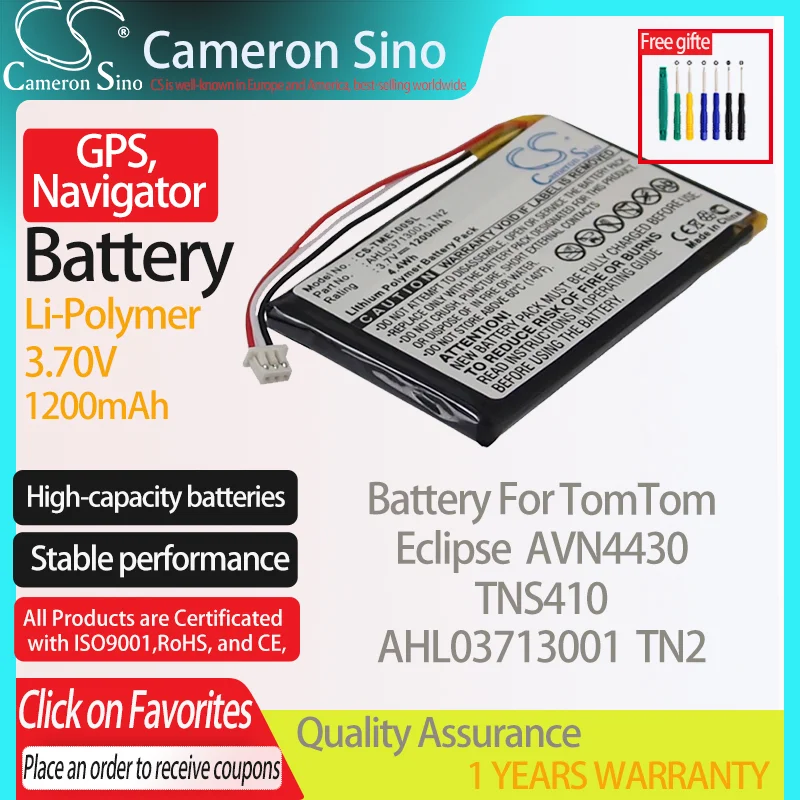 Batteria Cameronsino Per Tomtom Eclipse Avn4430 Tns410 Per Tomtom Tx03713001 Tn2 Gps, Batteria Navigatore 1200Mah 3.70V Li-Polimero