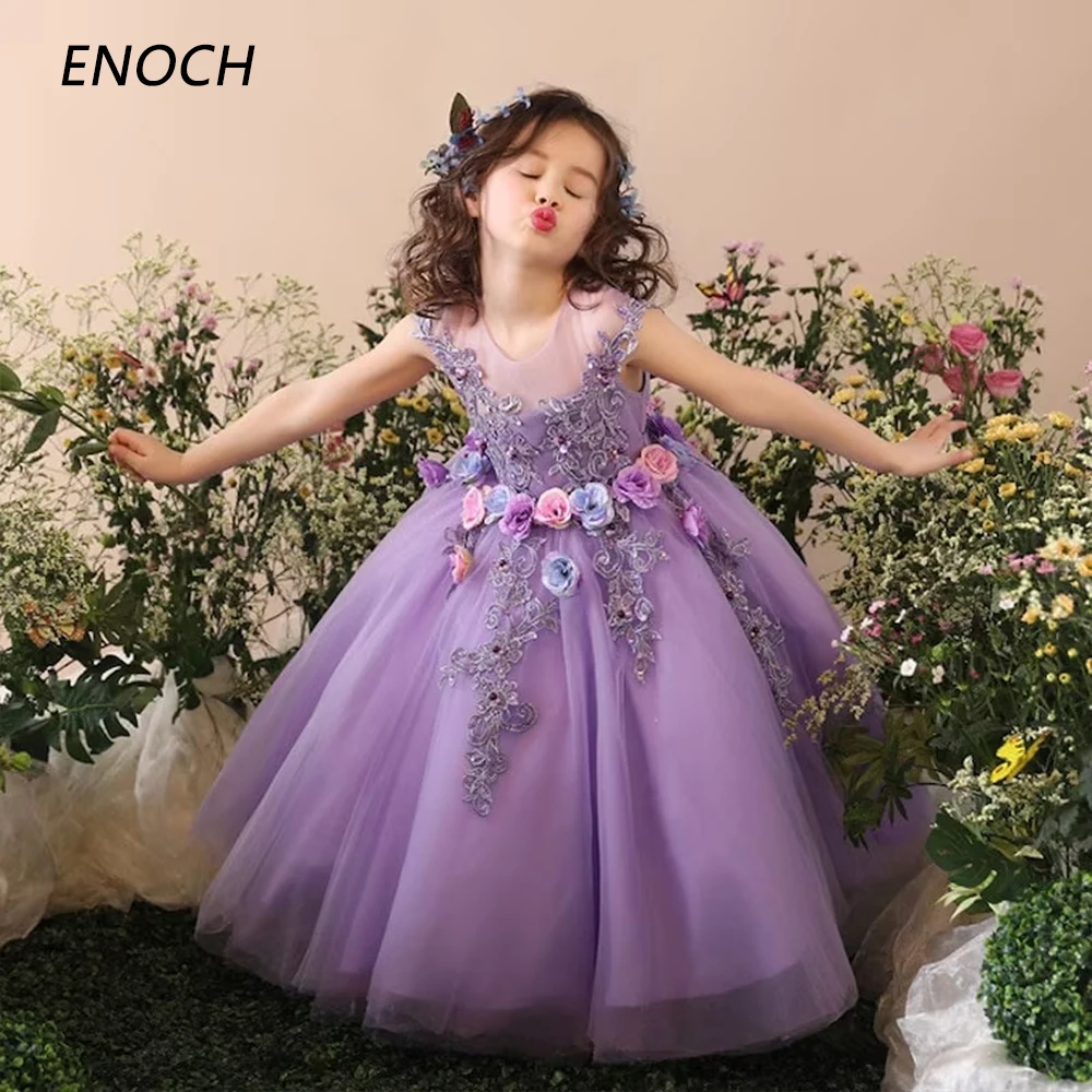 ENOCH O-Neck Flower Girl Dresses Sleeveless Flowers Zipper Back Ankle Length Birthday Wedding Party Gowns Vestidos Para Niñas