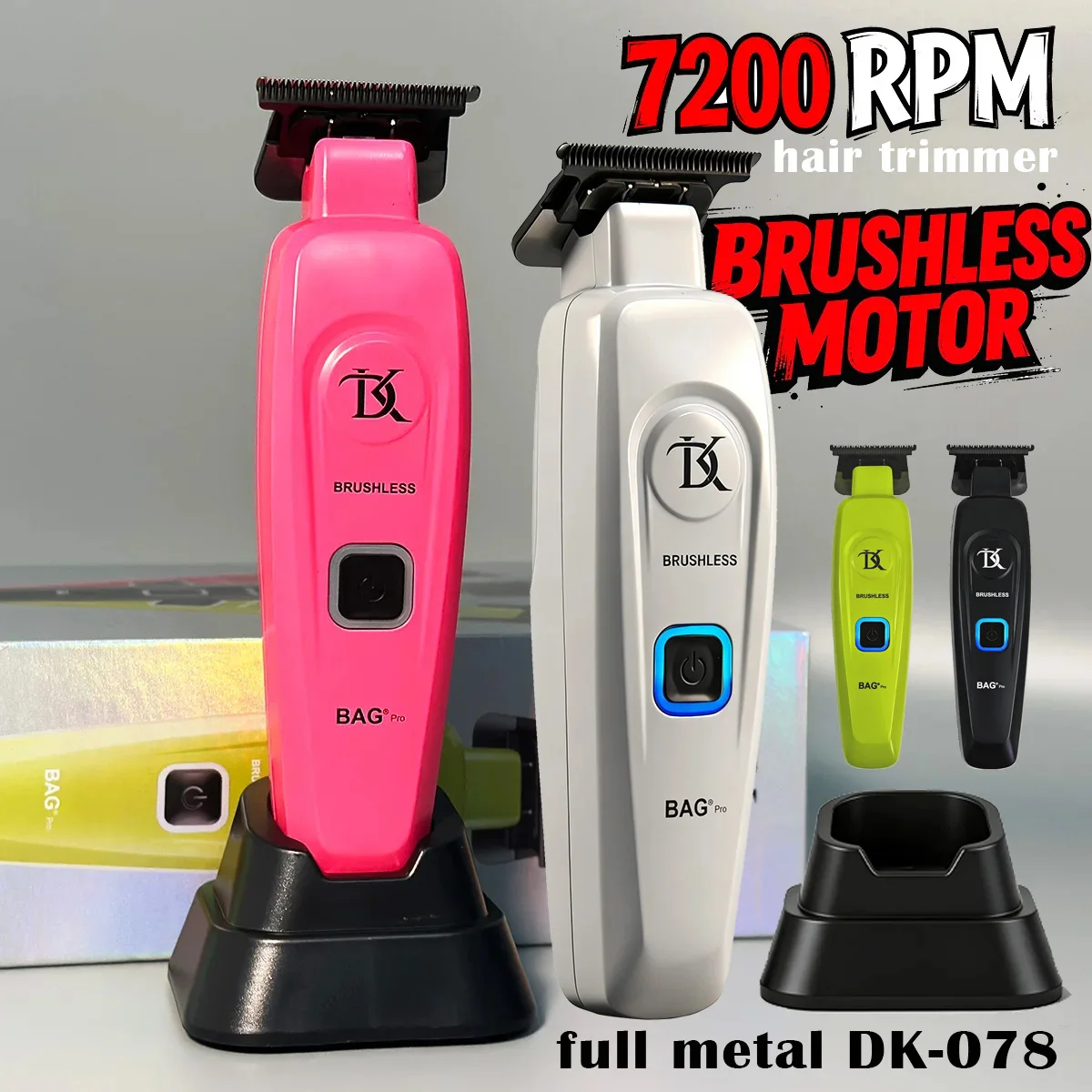 전문가용 DK078 새로운 컬러 브러시리스 헤어 트리머 바버 화이트 풀 메탈 이발기 살롱용 베이스 충전기 포함