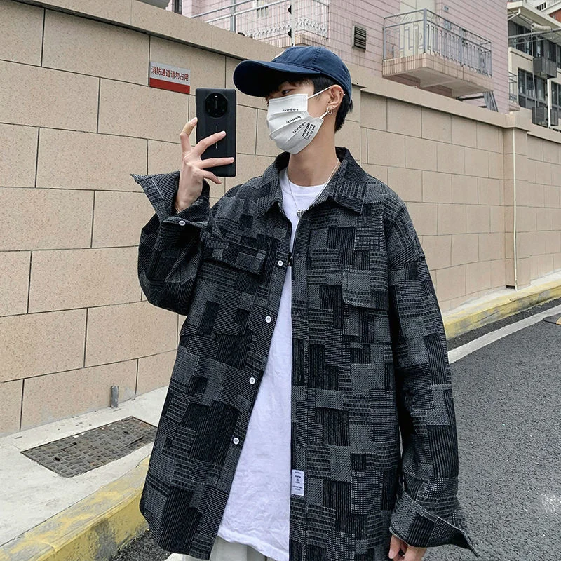 

Autumn Plaid Men's Fashion Retro Casual Men Streetwear Korean Loose Long-sleeved Shirts Mens Large Size M-2XL