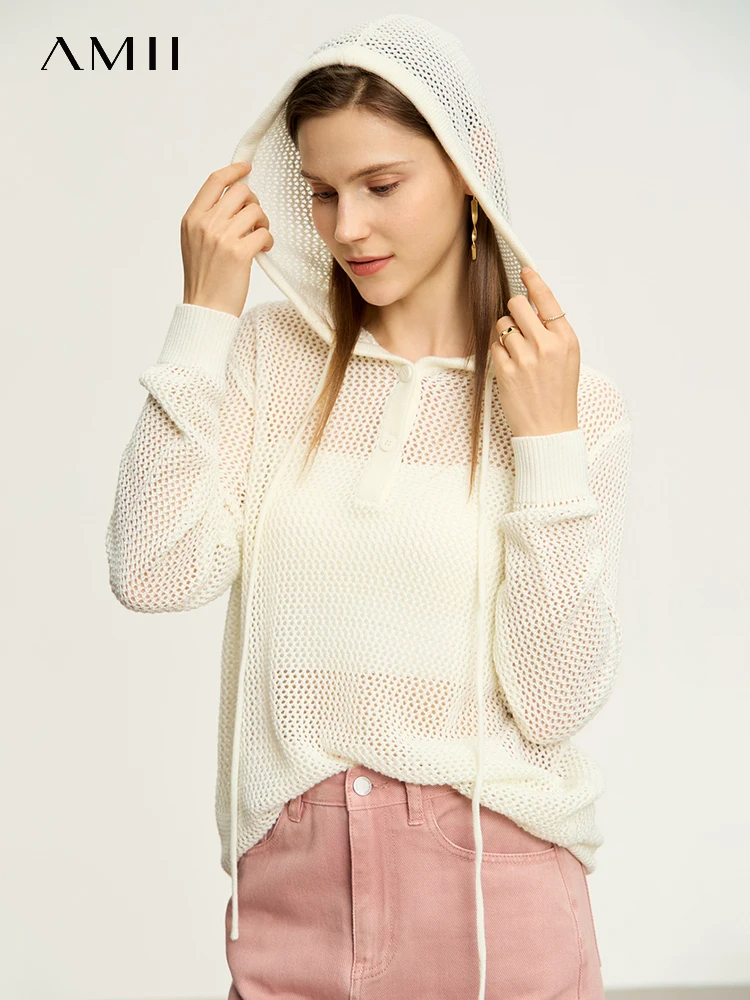 

AMII Minimalist Hollow Out Women Hooded Sweater 2023 Autumn New Loose Thin Office Lady Solid Knitted Female Pullovers 12343005
