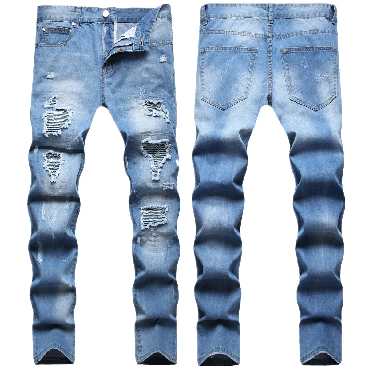 

Hip hop style multiple ripped patch Valley bone light blue paint splash small straight leg jeans