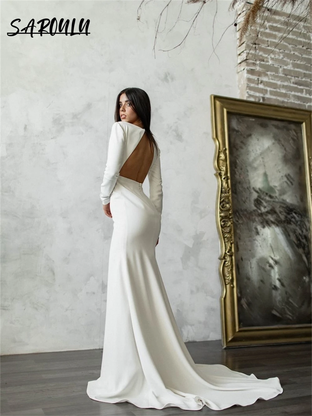 Vestido de novia limpio y sencillo con cuello barco, vestidos de novia  minimalistas de satén de manga larga con espalda abierta, floreciente -  AliExpress, image size:1000x1332