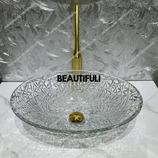อ่างล้างหน้าคริสตัลแก้วใสสีชมพู B567 อ่างล้างหน้าดีไซน์หรูหราสไตล์ศิลปะ อ่างล้างหน้าทรงรีแบบมีตะแกรงแน่นสำหรับใช้ในบ้าน 5