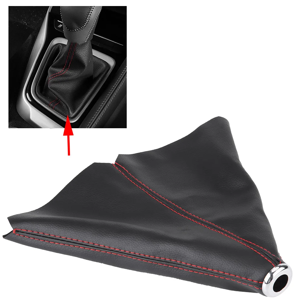 Universal Black PU Leather Gear Knob Cover with Red Stitching