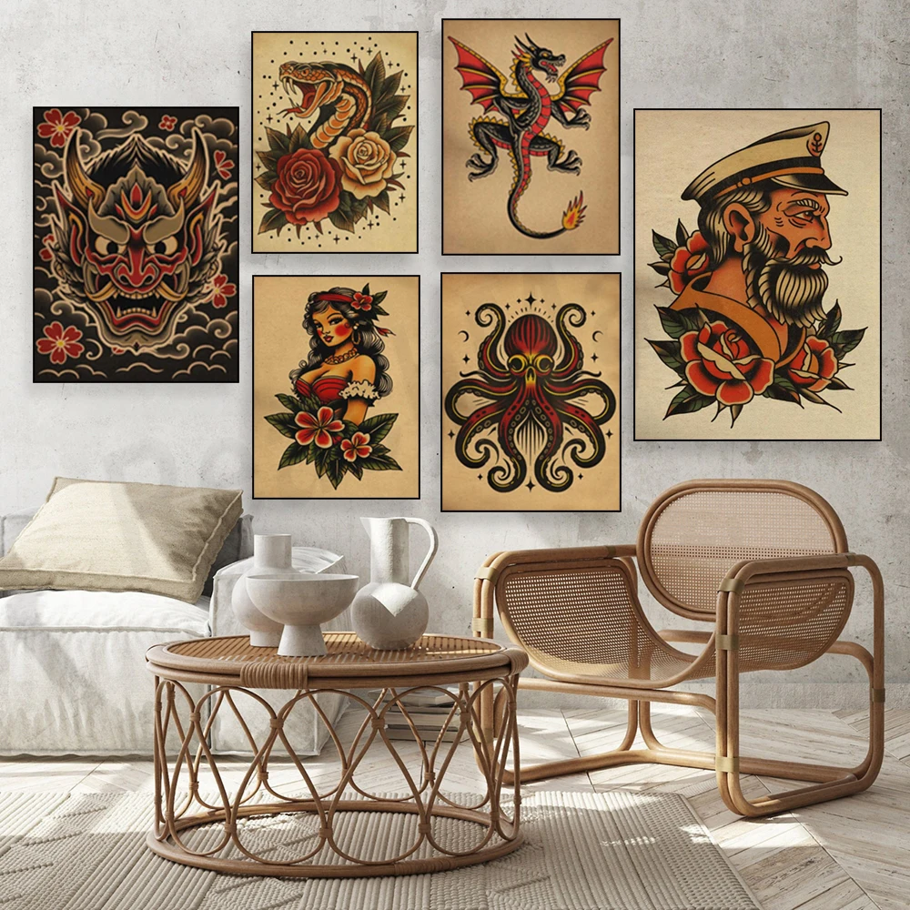 Tatuaggio tradizionale americano aquila, cobra, squalo con ancora, pantera, drago, poster del tatuaggio del marinaio decorazione artistica del tatuaggio vintage - immagine 4