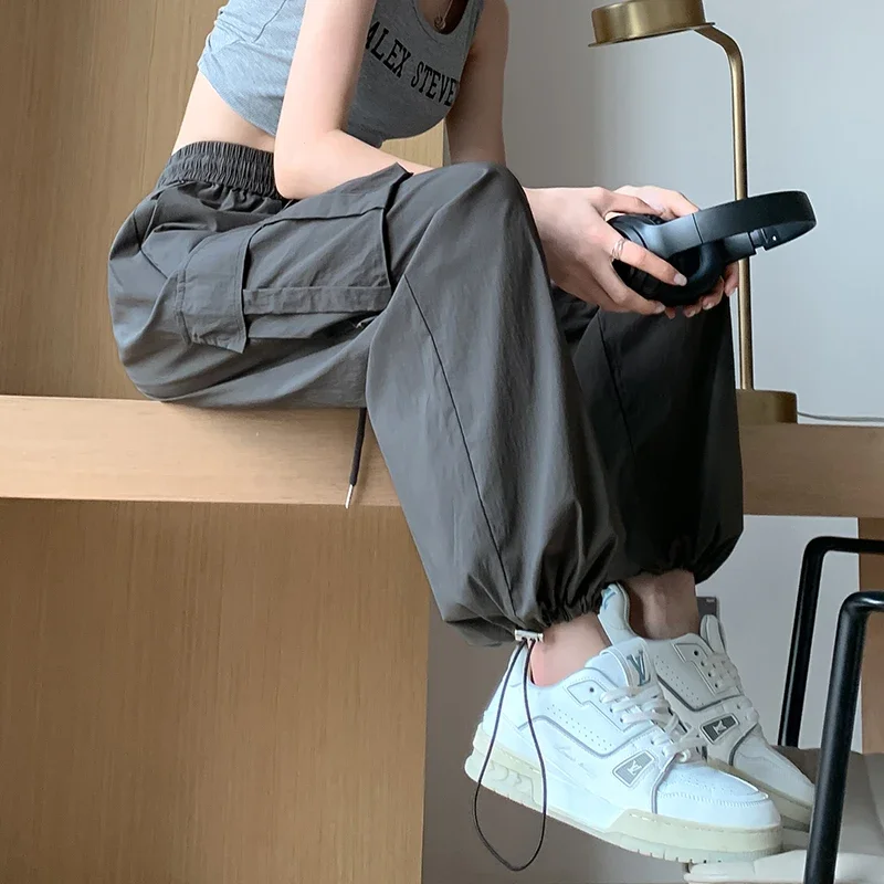 American Baggy Black Cargo Pants Women Summer Thin Drawstring High Waist Trouser Casual Loose Bundle Feet Streetwear Y2k