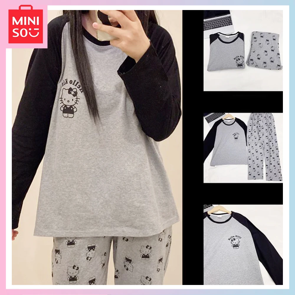 

Miniso Cute Hello Kitty Spring and Autumn Pajamas Female Set Students New Loose Long Sleeve Trousers Round Neck Home Wear