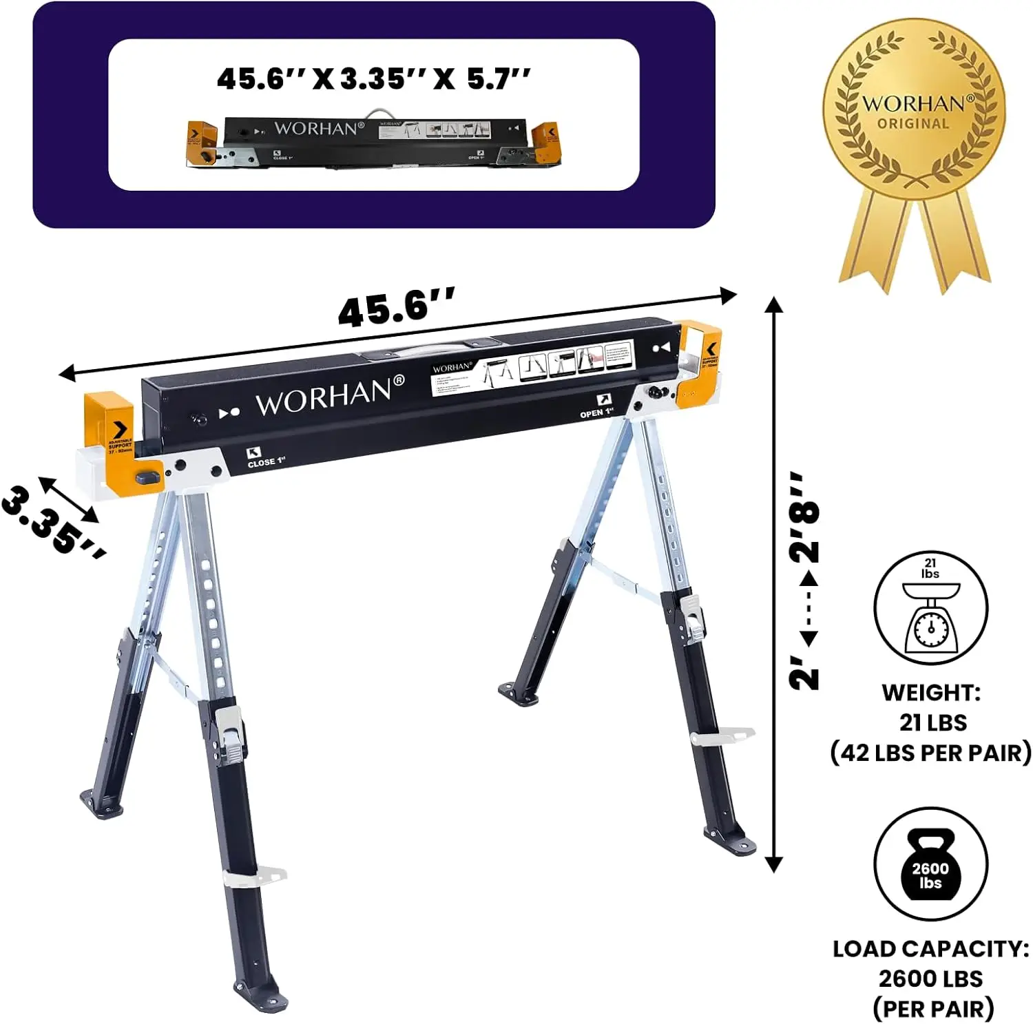 2600 lbs Jobsite Table Folding Quickly Adjustable Legs Support Arms Sawing Non Slip Trestle Sawmule Steel Workbench S600A