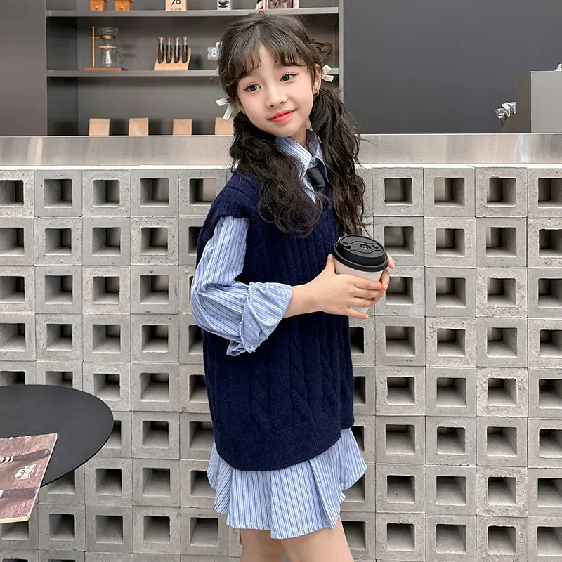 

Girl's sweater, vest, striped shirt, skirt, spring knit vest, camisole top with children's dress set