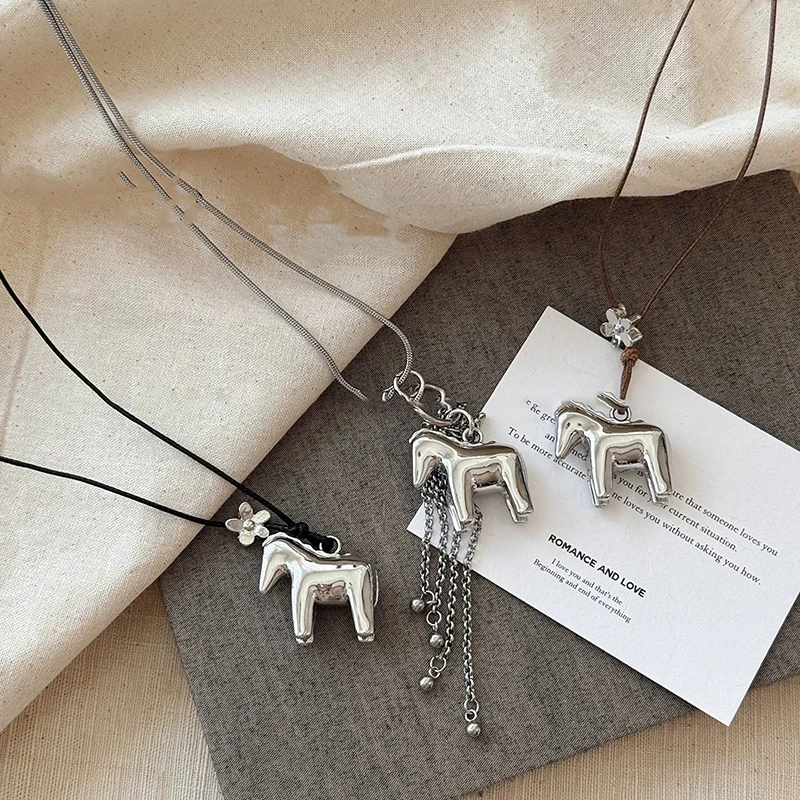 Cartoon Horse Pendant Necklaces For Women Female Sweater Chains Adjustable Long Rope Chain Daily Matching Accessories