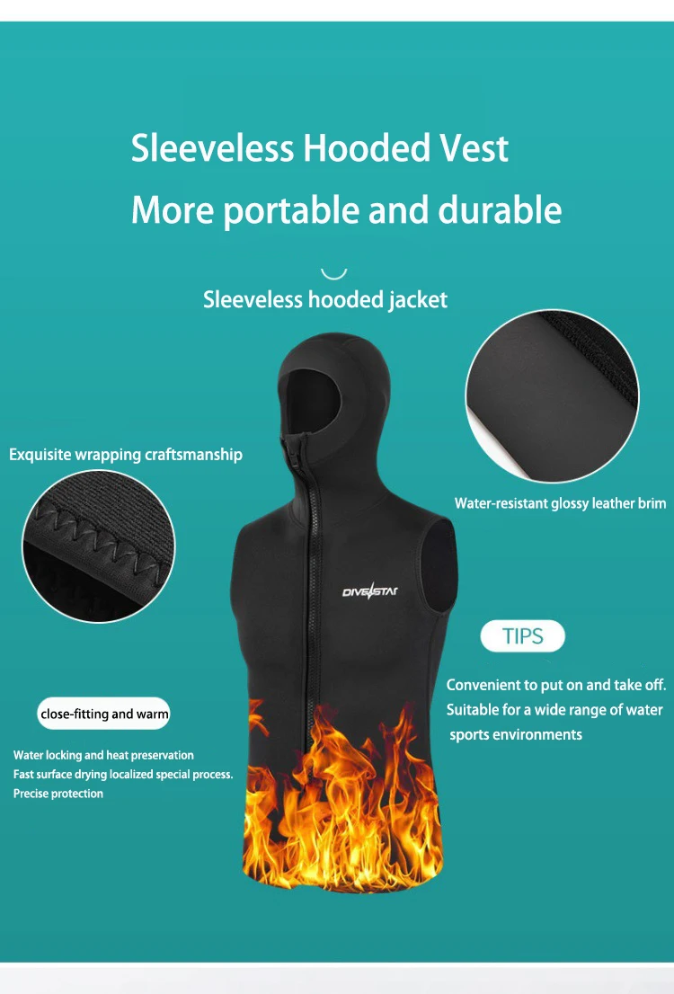 Description Picture 4 of item3MM Neoprene Men's Thermal Diving Vest with Hood Sleeveless Surfing Wetsuit Jacket Split Waterproof Scuba Diving Top Keep Warm